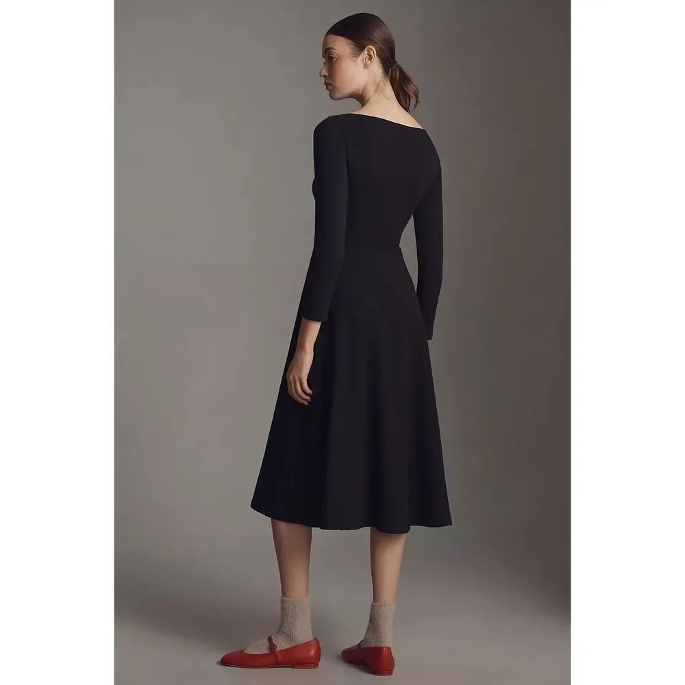 Reformation Women's Black Long Sleeve Fit & Flare Midi Dress Size Large NWOT - Picture 2 of 9